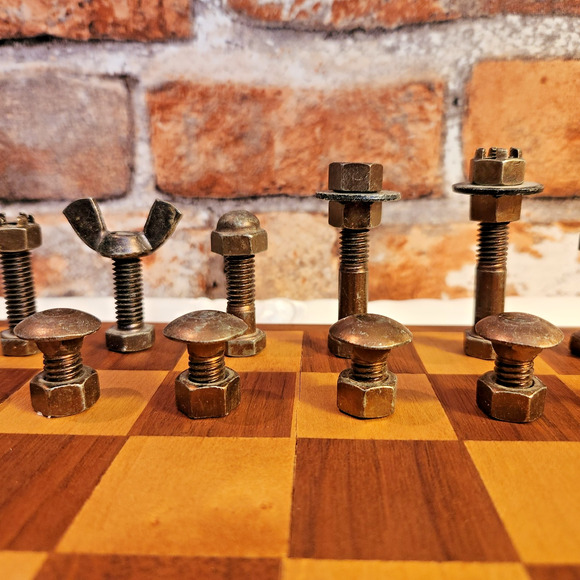 Steampunk Nuts and Bolts Chess Set – Full 32 Metal Pieces – Industrial Punk VTG - Picture 5 of 11